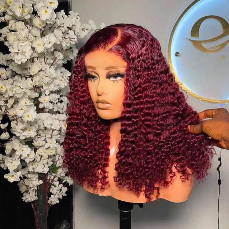 J Deep Wave Short Human Hair Wigs 13X4 Transparent Lace Frontal Wig Hair Burgundy Kinky