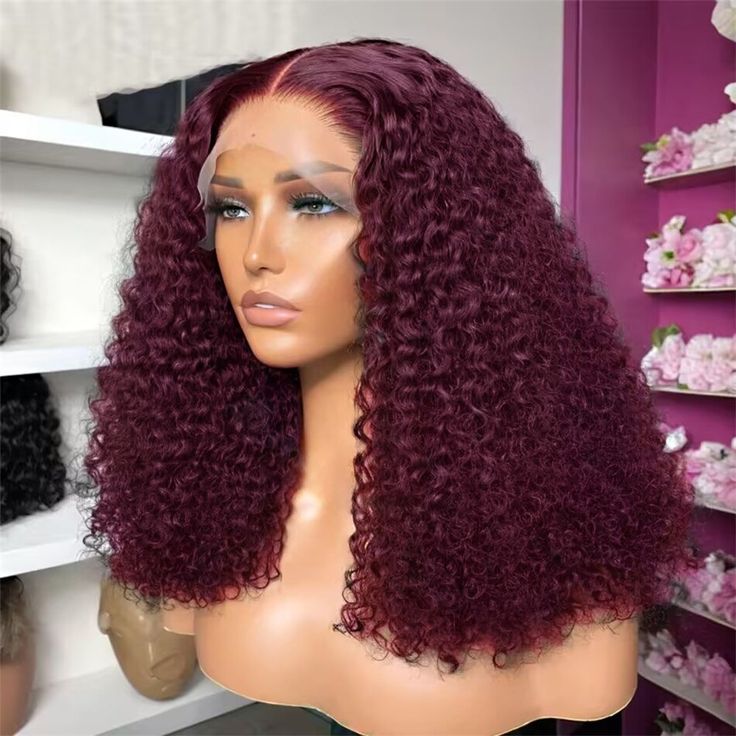 J Deep Wave Short Human Hair Wigs 13X4 Transparent Lace Frontal Wig Hair Burgundy Kinky