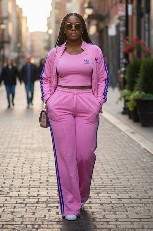 Pink with blue accent three-piece Adidas tracksuit
